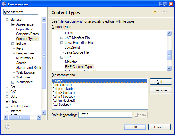 Eclipse: Adding *.class to the PHP Content types